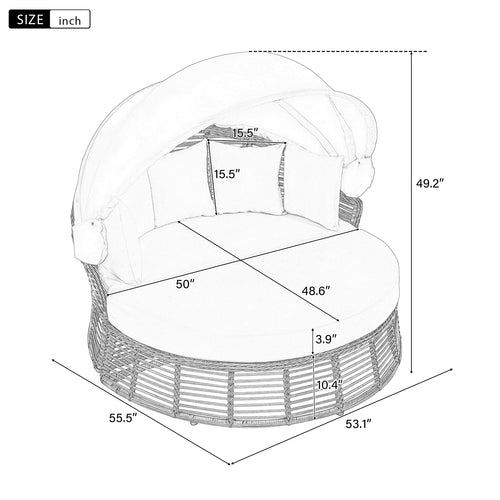 Outdoor Patio Rattan Round Daybed with Retractable Canopy, Wicker