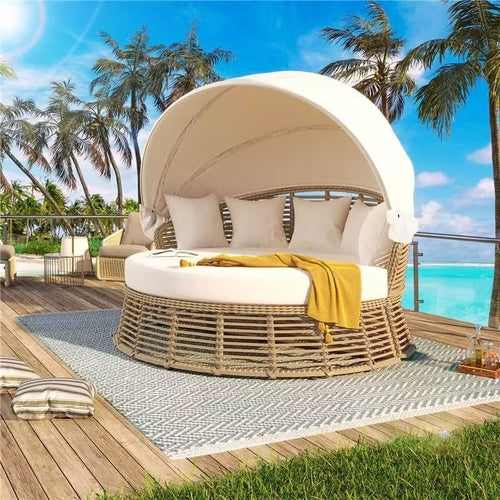Outdoor Patio Rattan Round Daybed with Retractable Canopy, Wicker