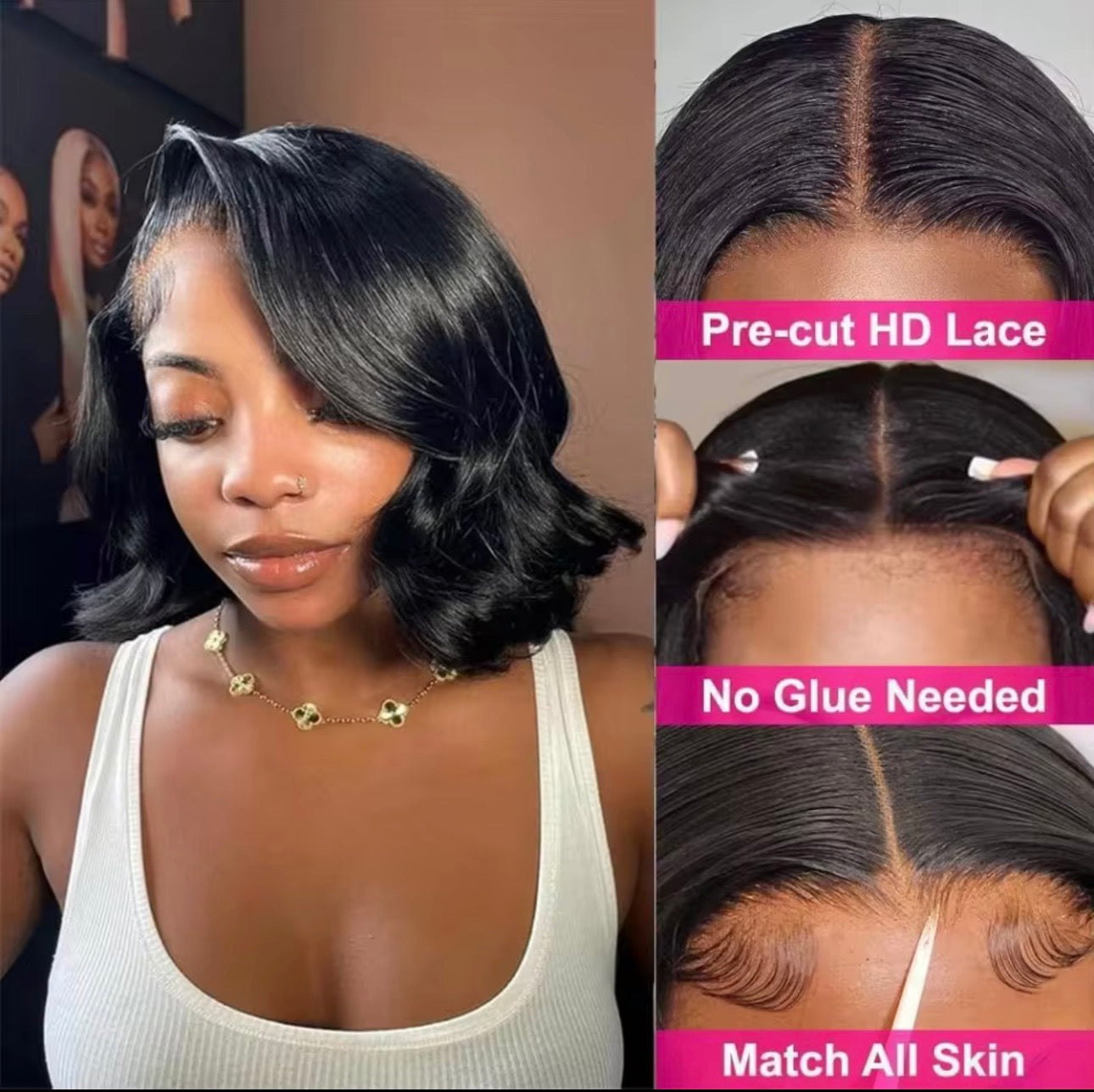 Glueless Bob Human Hair wig HD Frontal 250 Density