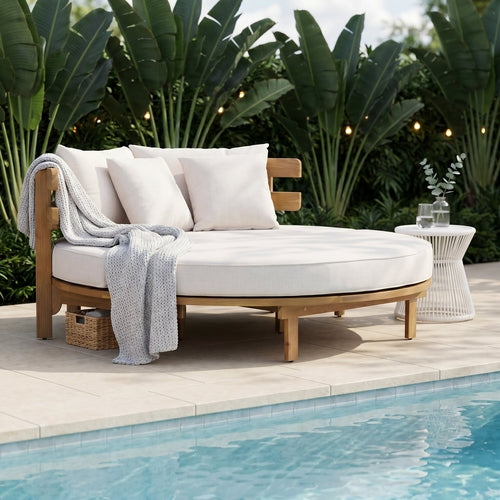 Outdoor Acacia Wood Round Daybed, Patio Lounger with Curved Slatted